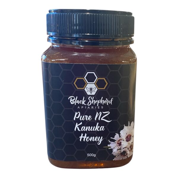 500g jar of pure New Zealand Kānuka honey with golden colour and natural antibacterial properties.